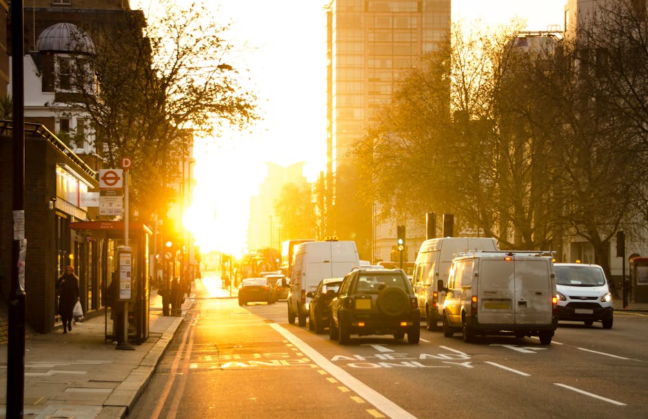 A busy urban street scene during sunset with warm, golden light illuminating the road and surrounding buildings. Several vehicles, including white delivery vans, a black car, and a white van, are parked or moving along the street. On the left side, a bus stop with a clear glass shelter and a timetable is visible, with a few pedestrians walking nearby. The sidewalk is lined with leafless trees and traditional lamp posts, while modern high-rise buildings and a historic-style building with a dome can be seen in the background. The image captures the typical environment of a home relocation or furniture transport process, with vehicles likely involved in packing and moving activities associated with house removals, as managed by Elephant and Castle Removals, near the busy Walworth Road area.